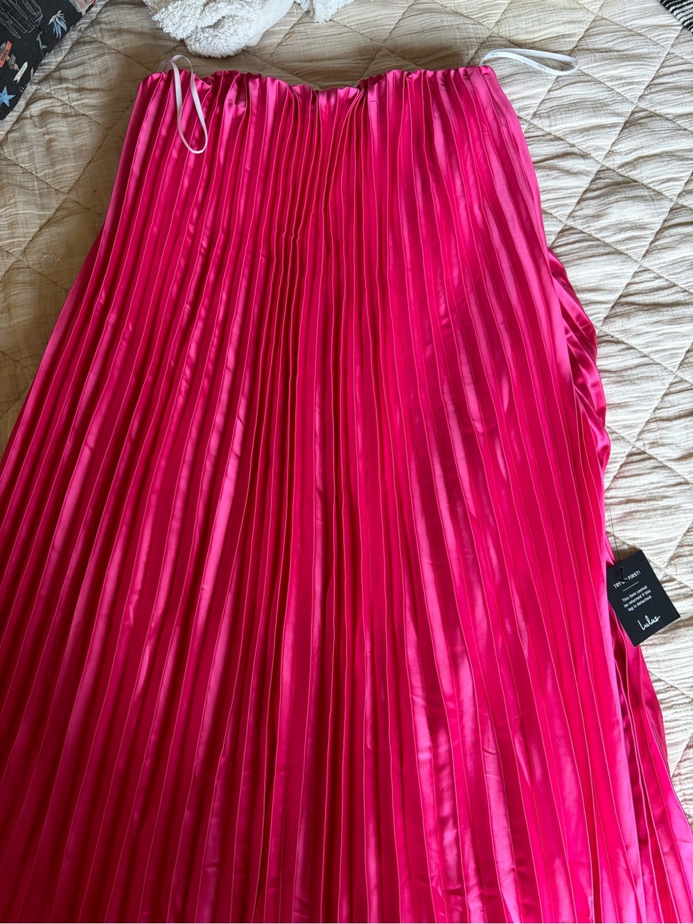 Lulu's Fuchsia Pleated Satin Strapless Maxi Dress
